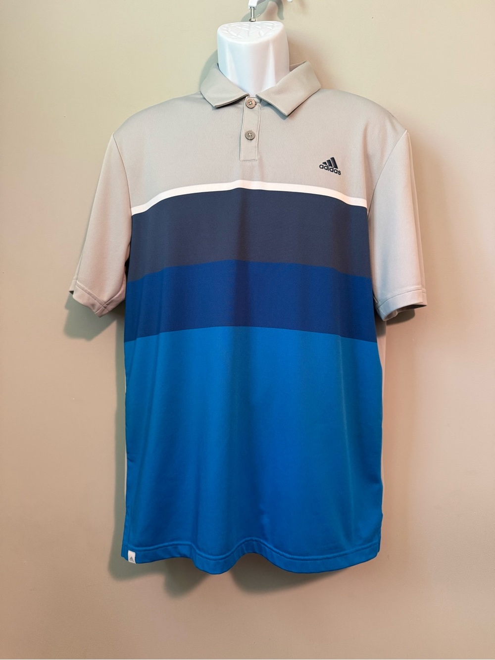 NWOT adidas Men’s Gray, Navy and Blue Striped Performance Polo